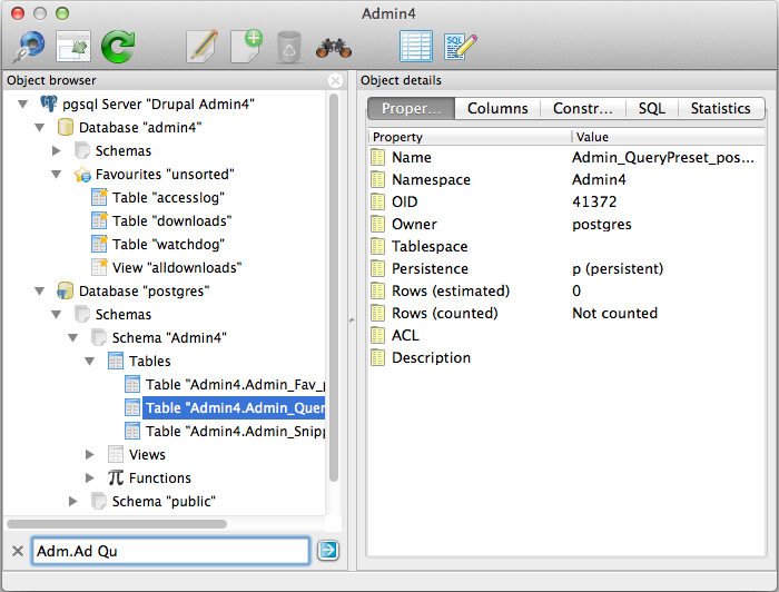 PostgreSQL object browser